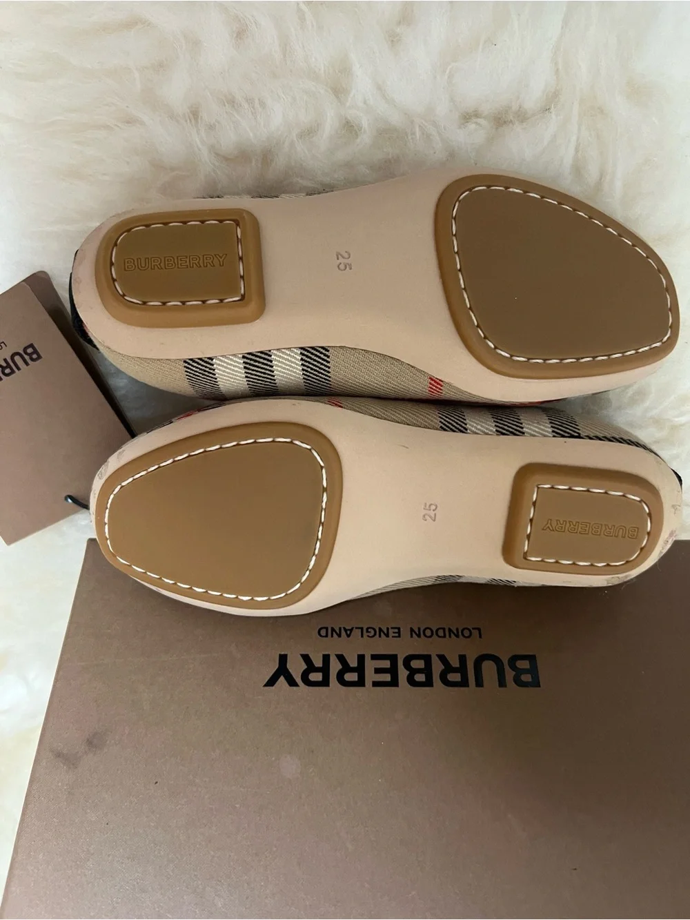 New Burberry Plaid Mary Jane Flats in Beige and Black in box